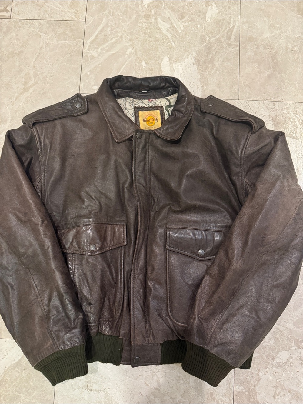 Hard Rock Cafe Dark Brown Leather Bomber Jacket